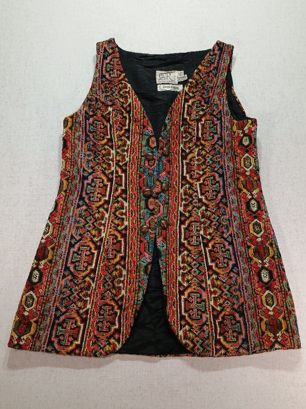 Lady R by Joseph Magnin Vintage Artsy Carpet Tapestry Vest, Chain Buttons, Small